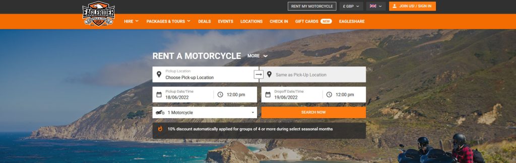 EagleRider Website Screenshot