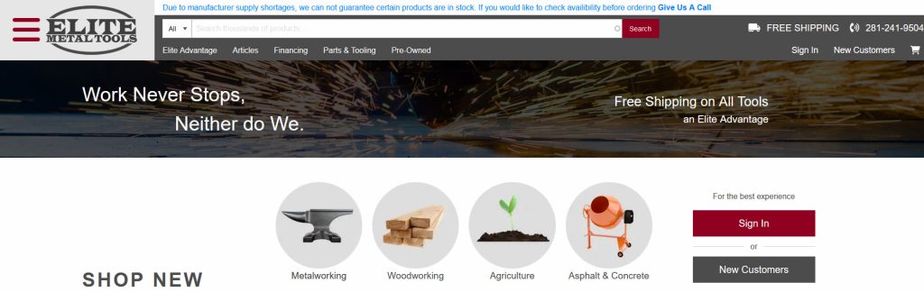 Elite Metal Tools Website Screenshot