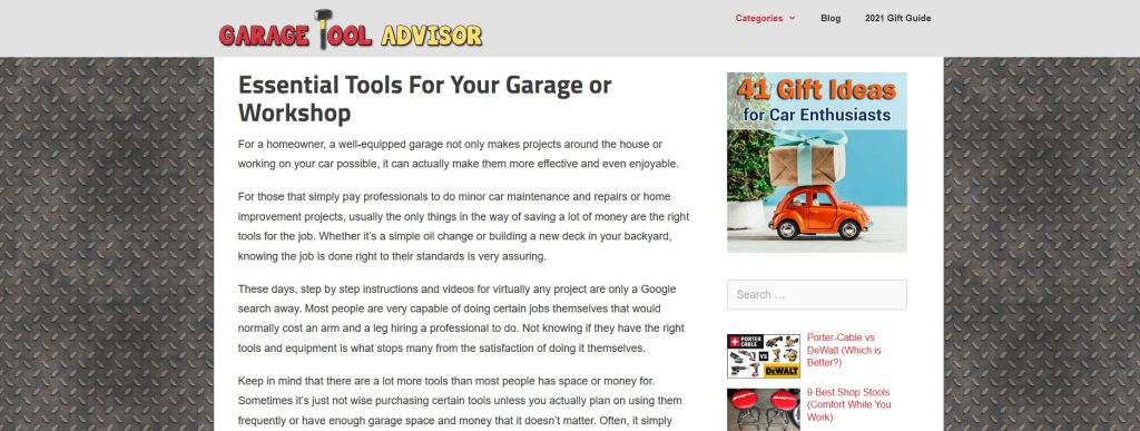 Garage Tool Advisor Website Screenshot