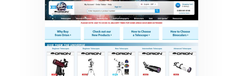 Orion Telescopes Website Screenshot
