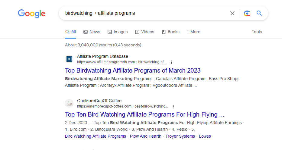 Birdwatching Affiliate Programs Example Search